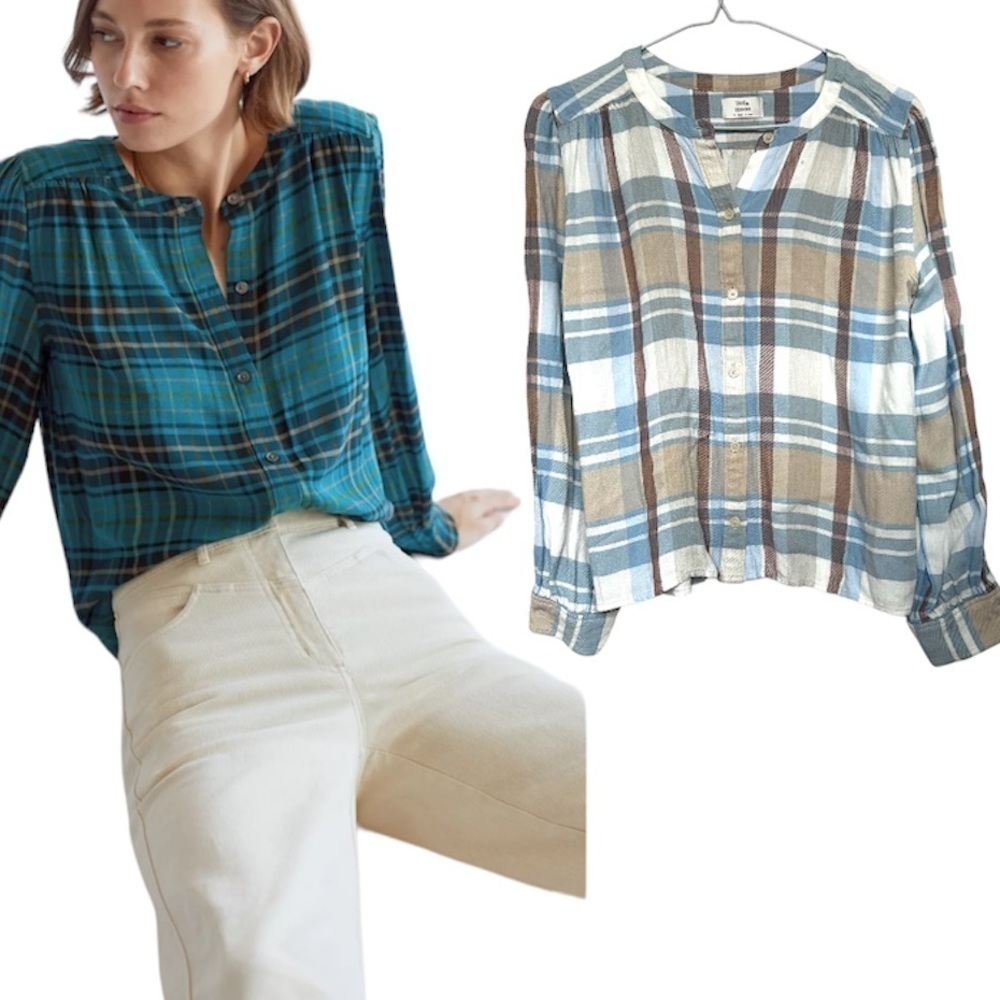 Aritzia little moon plaid Calla Button-Up collarless shirt